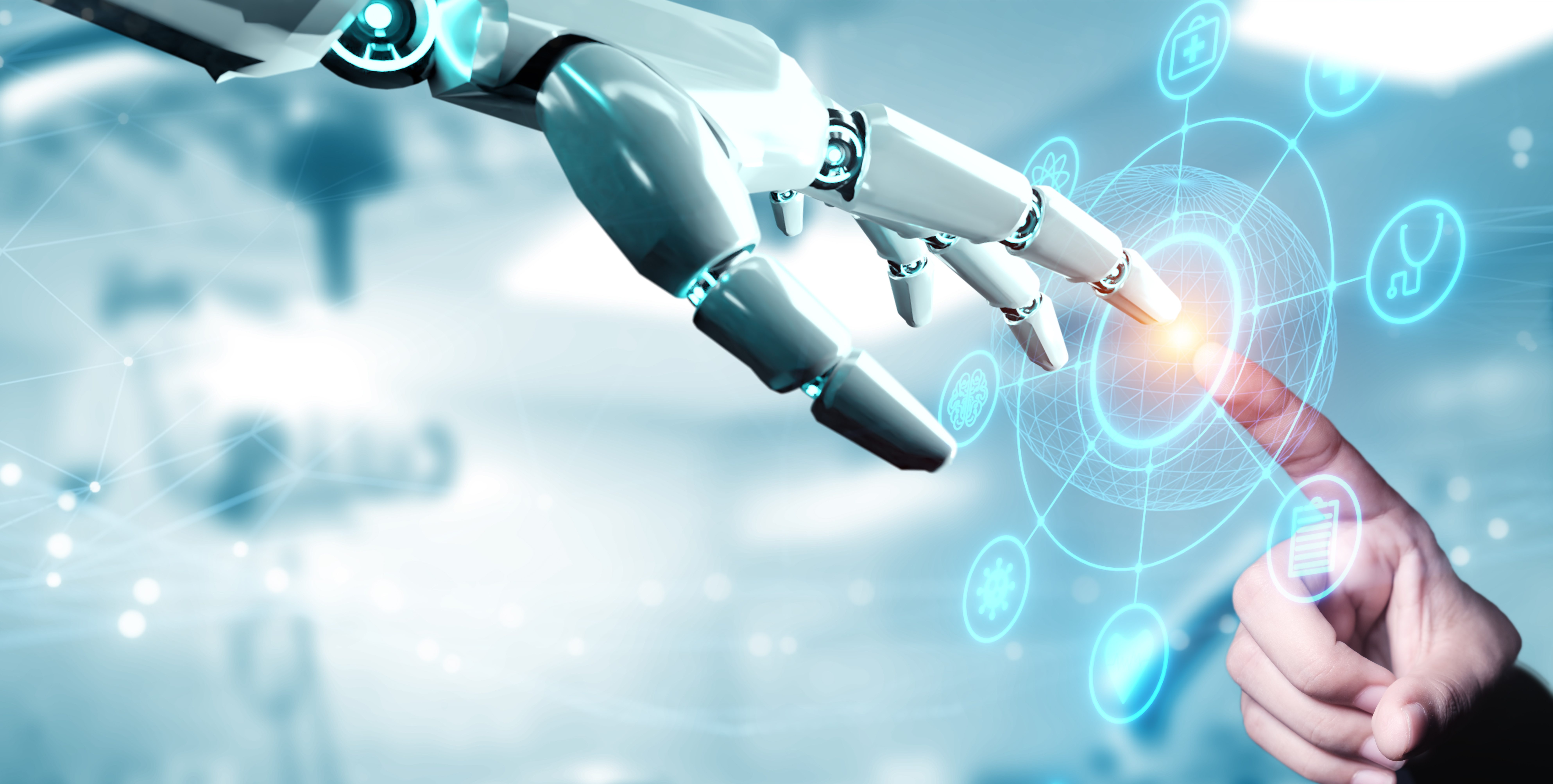 AI hand touching human hand