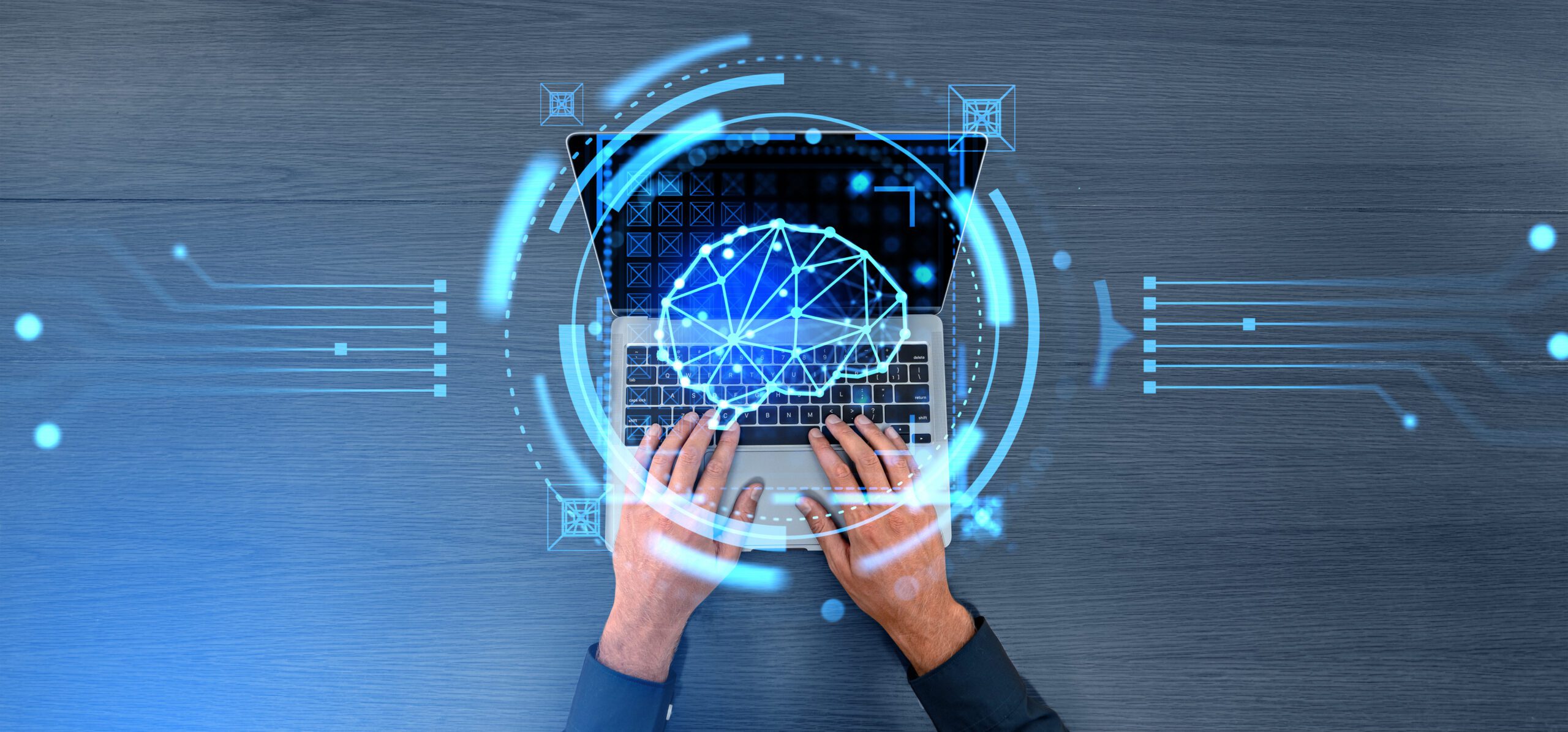 Man hands typing on laptop, digital AI brain hologram and machine learning